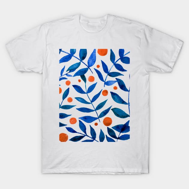 Watercolor branches and berries - blue and orange T-Shirt by wackapacka